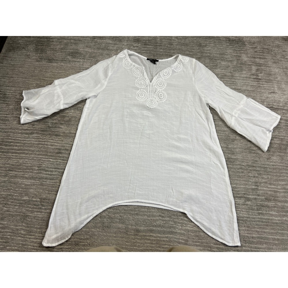 Robert Louis Tunic Womens XL White Crochet V-Neck Bell Sleeve Sharkbite Top